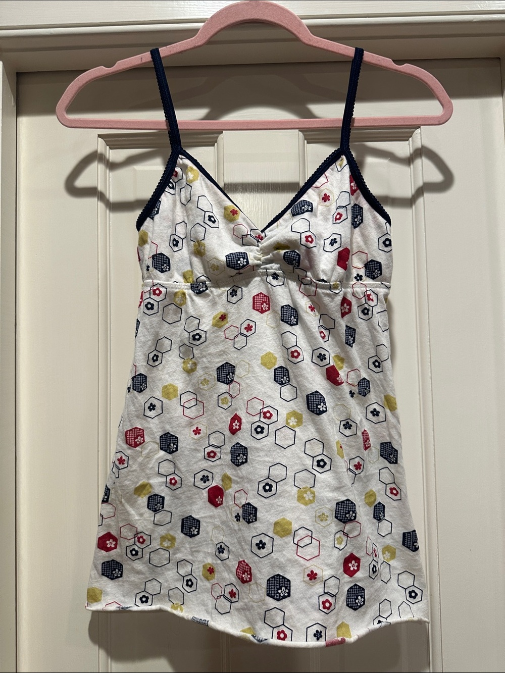 White Floral Hex-Print Camisole with Navy Trim